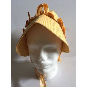 Vtg 1960's Cotton Prairie Bonnet Button Scallop Edges Yellow And White Gingham